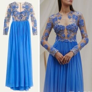 PAMELLA ROLAND Pleated Chiffon Gown With Embroidered Tulle Bodice Blue Dress